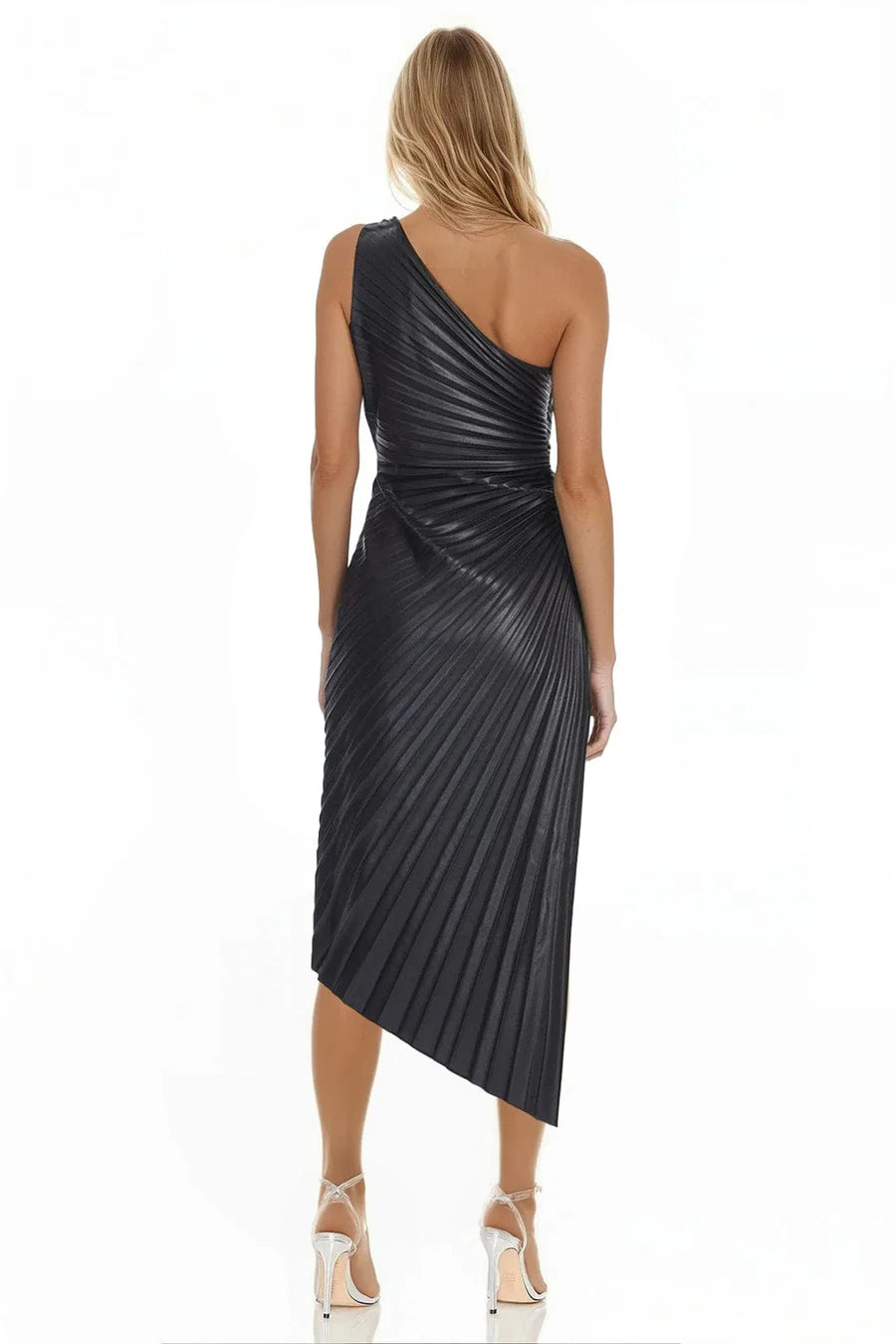Alana one shoulder black faux leather dress with pleating and asymmetrical hemline