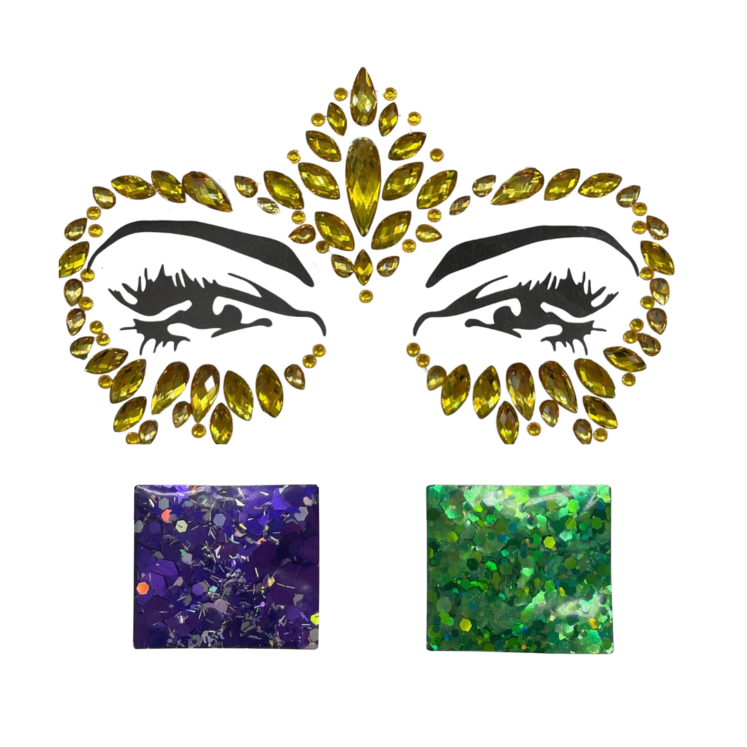 Gold purple and green stick on face gems with glitter for festive makeup looks