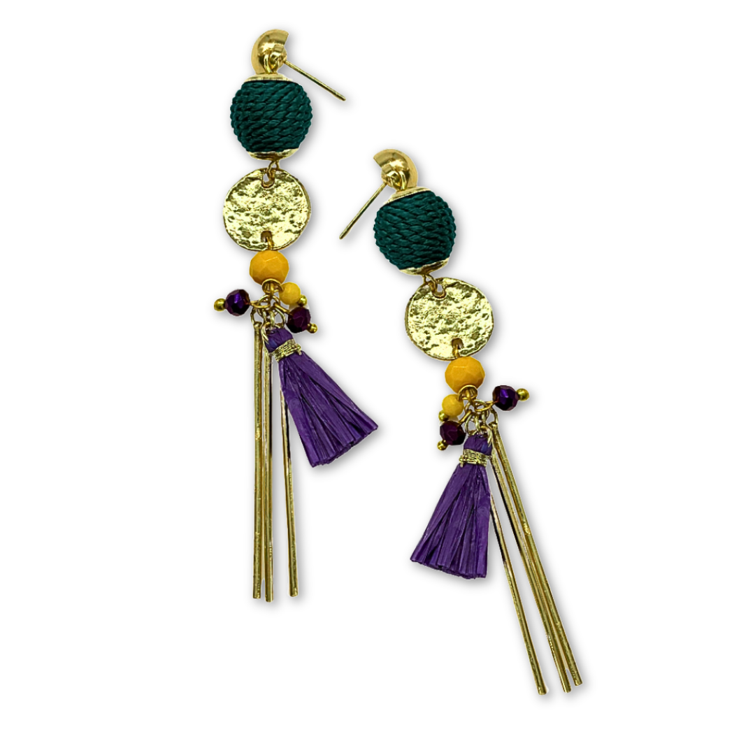 Gold tassel dangle earrings inspired by Mardi Gras celebration