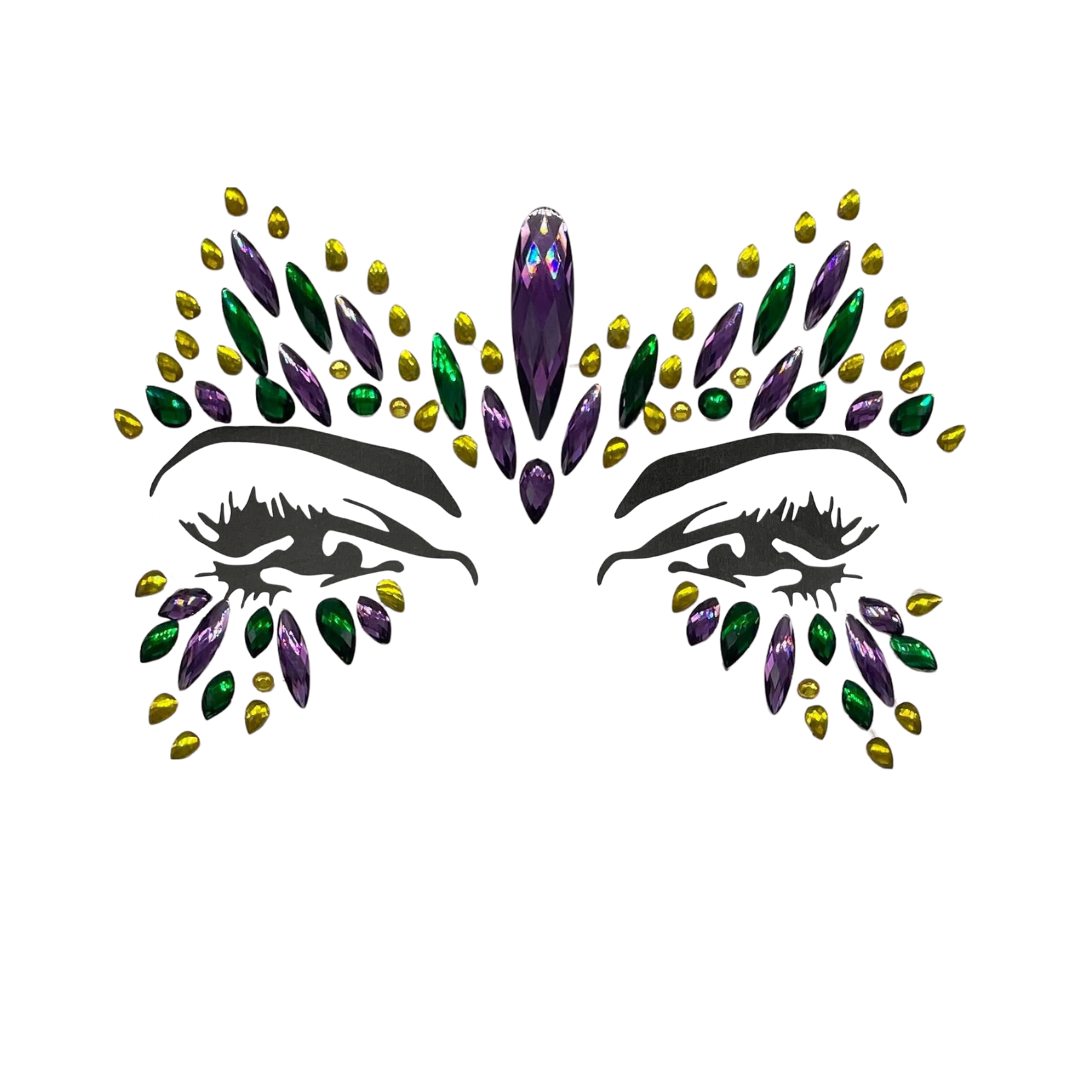 Mambo stick on face gems in purple green and gold for Mardi Gras and Carnival makeup