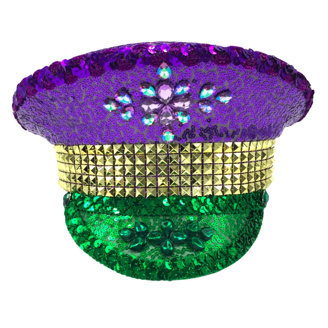 Mardi Gras captain hat bedazzled with purple gold and green sequins and beads