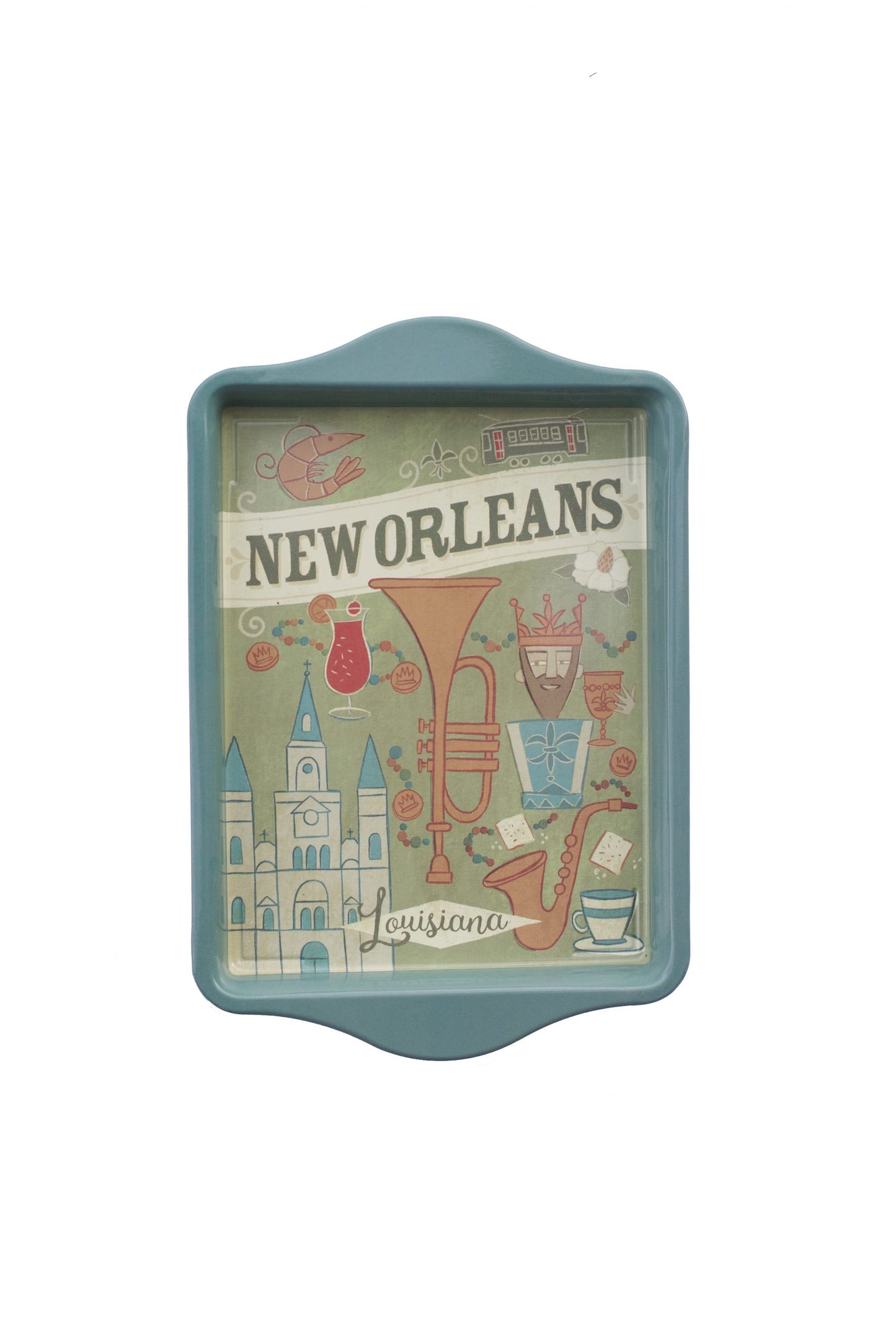 New Orleans icons tin trinket tray with trumpet Mardi Gras beads beignets and St Louis Cathedral