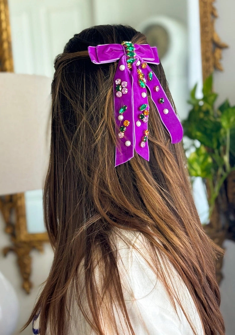 Bejeweled Mardi Gras Ribbon Bow | Purple