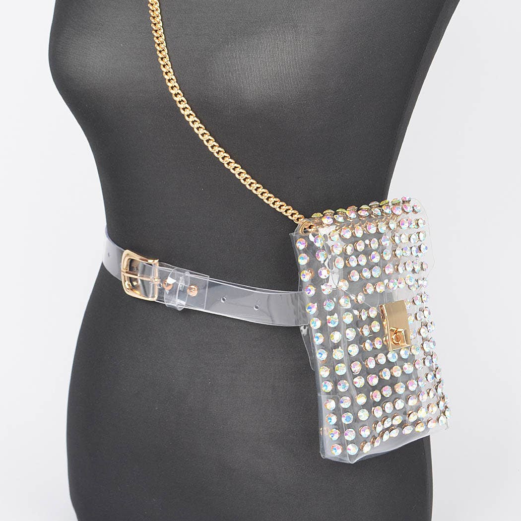 Rhinestone Clear Belt Bag W/Chain