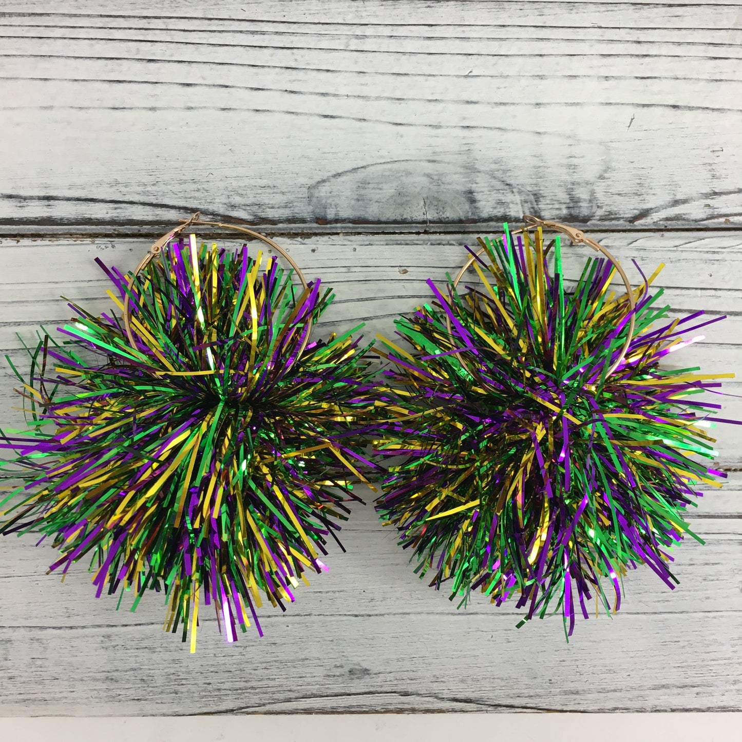Mardi Gras tinsel pompom hoop earrings