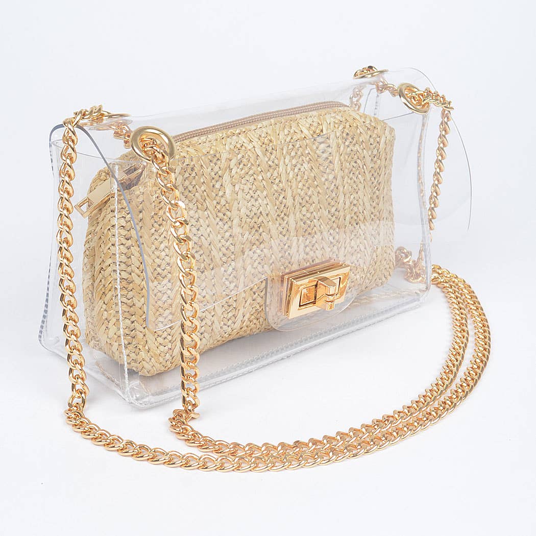 Clear Crossbody Bag W/Raffia Pouch
