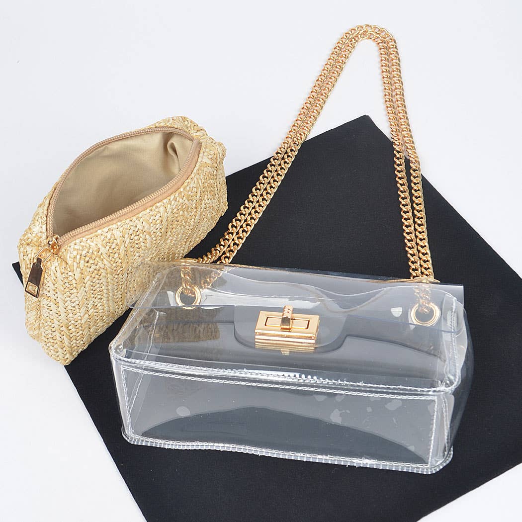 Clear Crossbody Bag W/Raffia Pouch