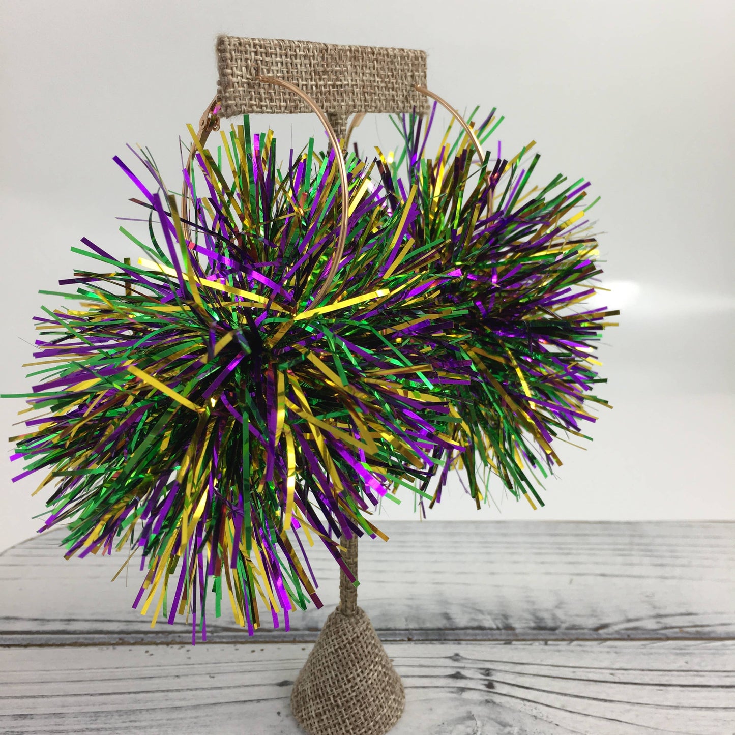 Mardi Gras tinsel pompom hoop earrings