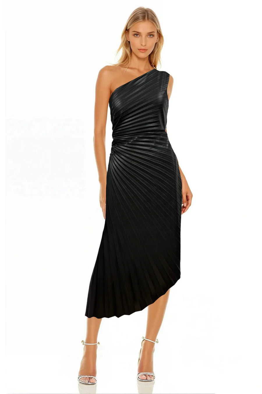 Alana one shoulder black faux leather dress with pleating and asymmetrical hemline