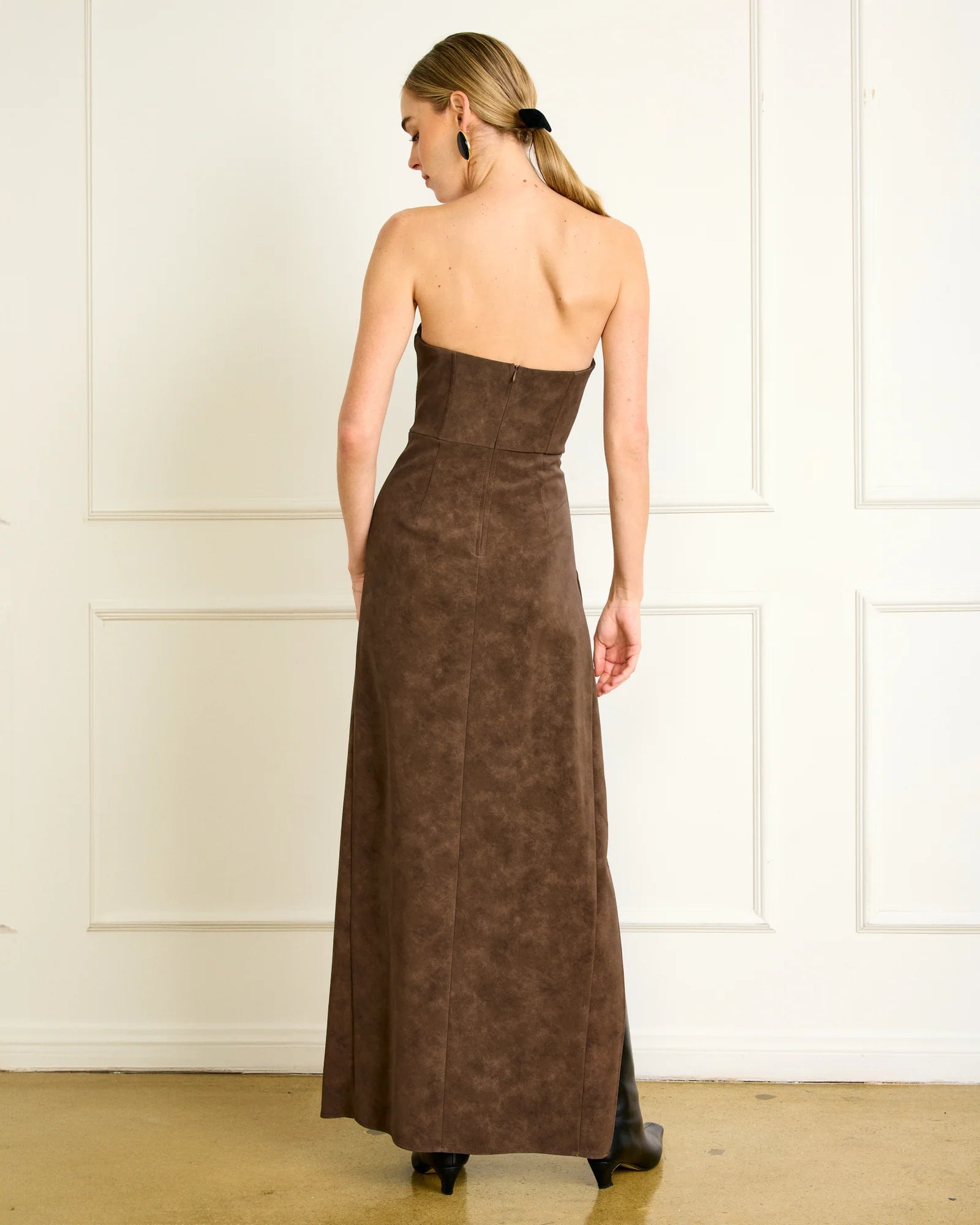 Alfie Maxi Dress in chocolate faux suede with strapless neckline and thigh high slit