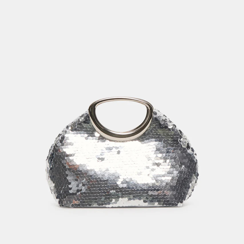 Dolce Vita crescent shoulder bag with asymmetrical hardware handle and silvery shimmering finish