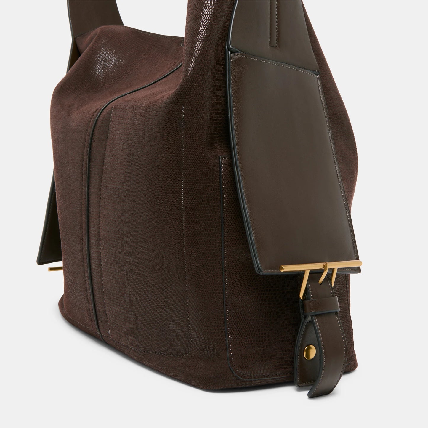 Dolce Vita shoulder bag with buckled side flaps and sleek stitched silhouette