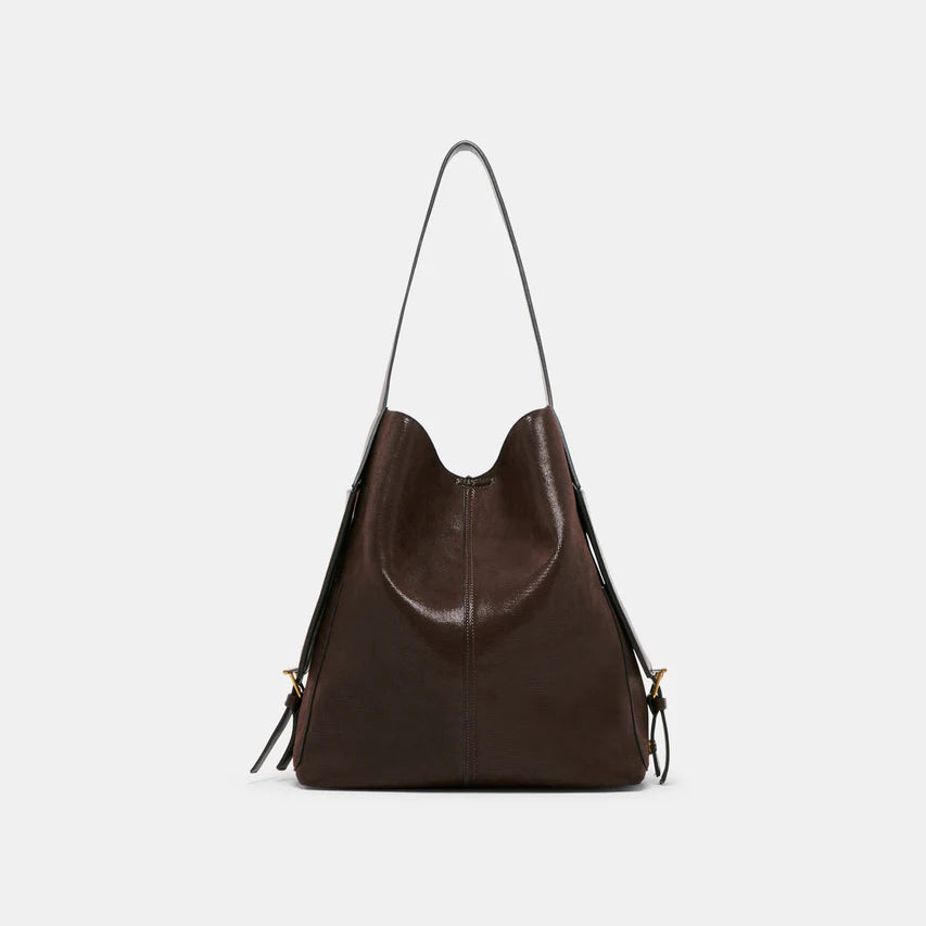 Dolce Vita shoulder bag with buckled side flaps and sleek stitched silhouette