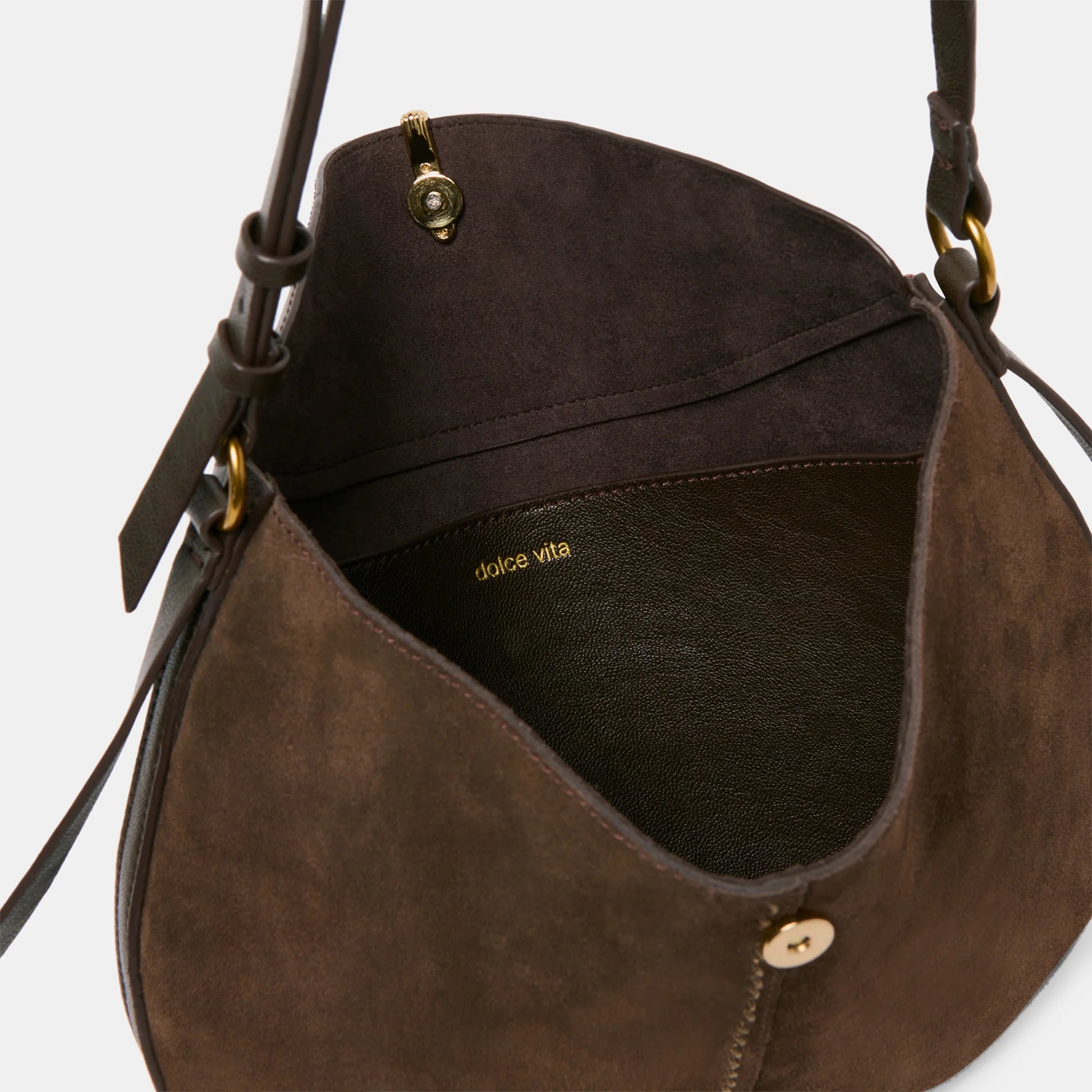 Dolce Vita Bennet Crossbody with smooth leather front and espresso suede back