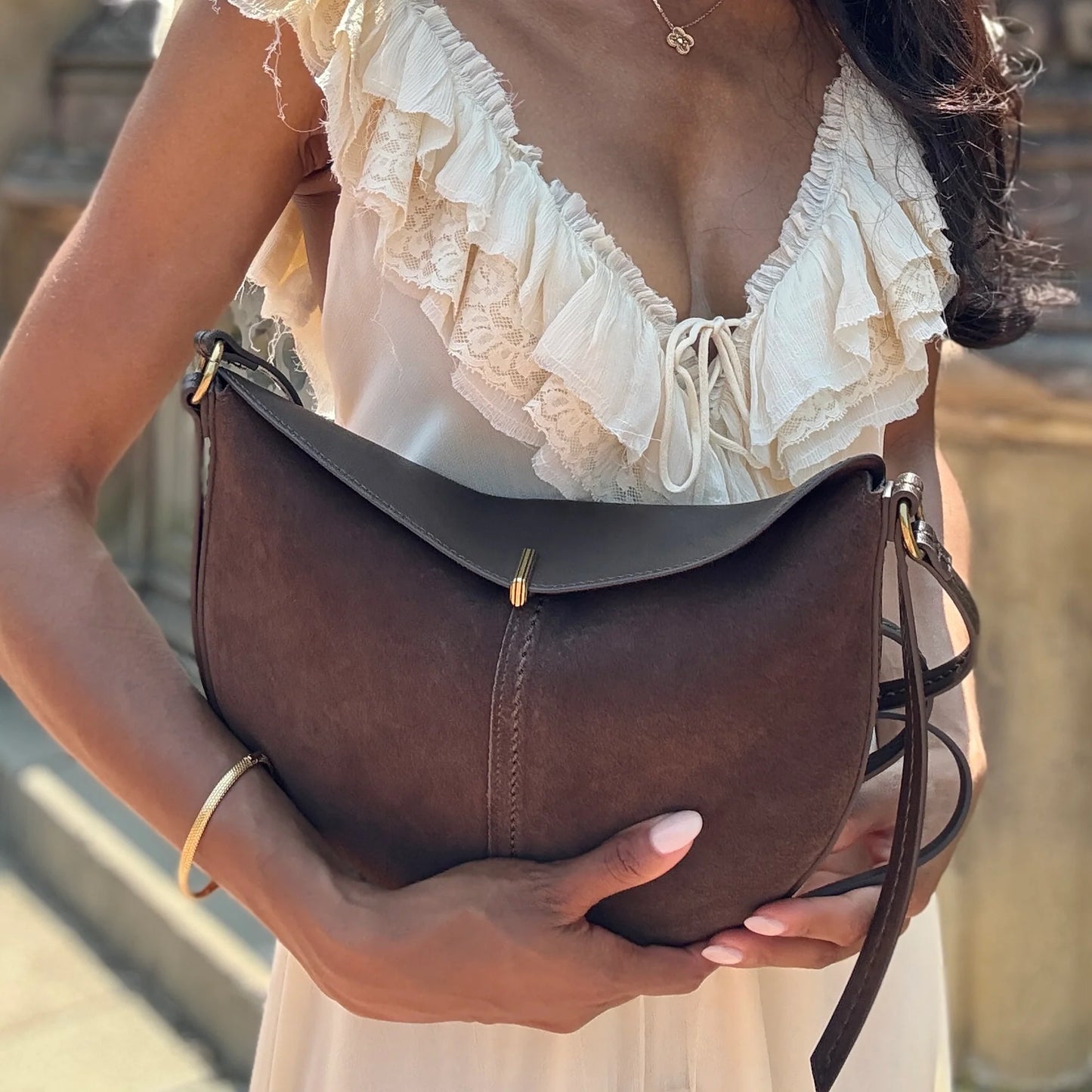 Dolce Vita Bennet Crossbody with smooth leather front and espresso suede back