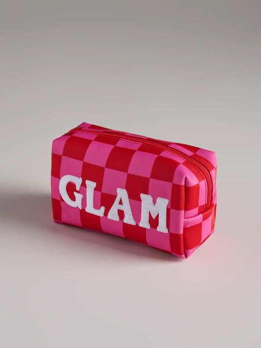 Cara Checkered Glam Zip Pouch with pink and red checkerboard and sequin lettering