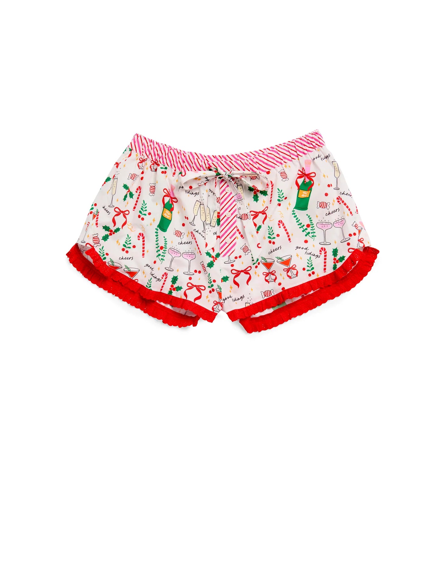 Celebration Boxer Shorts with champagne and candy cane print, red lace trim, and striped waistband