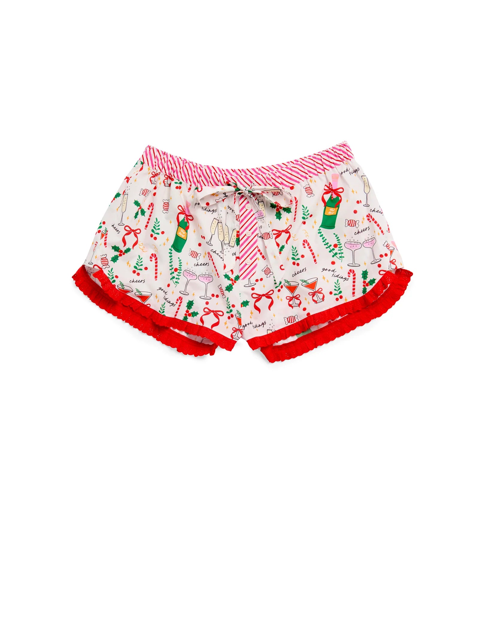 Celebration Boxer Shorts with champagne and candy cane print, red lace trim, and striped waistband