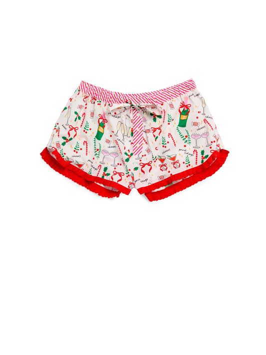 Celebration Boxer Shorts with champagne and candy cane print, red lace trim, and striped waistband