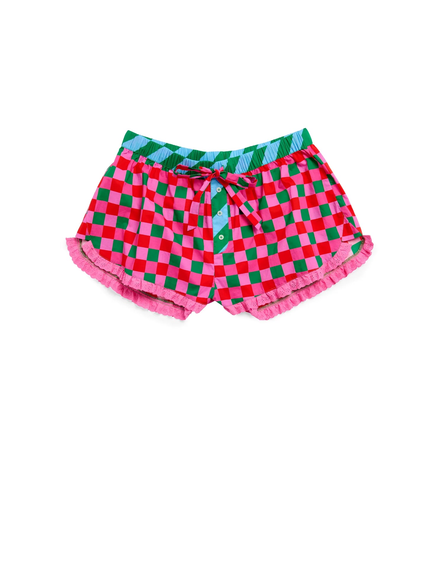Checkered Boxer Shorts with red pink and green pattern lace trim faux button fly and striped waistband