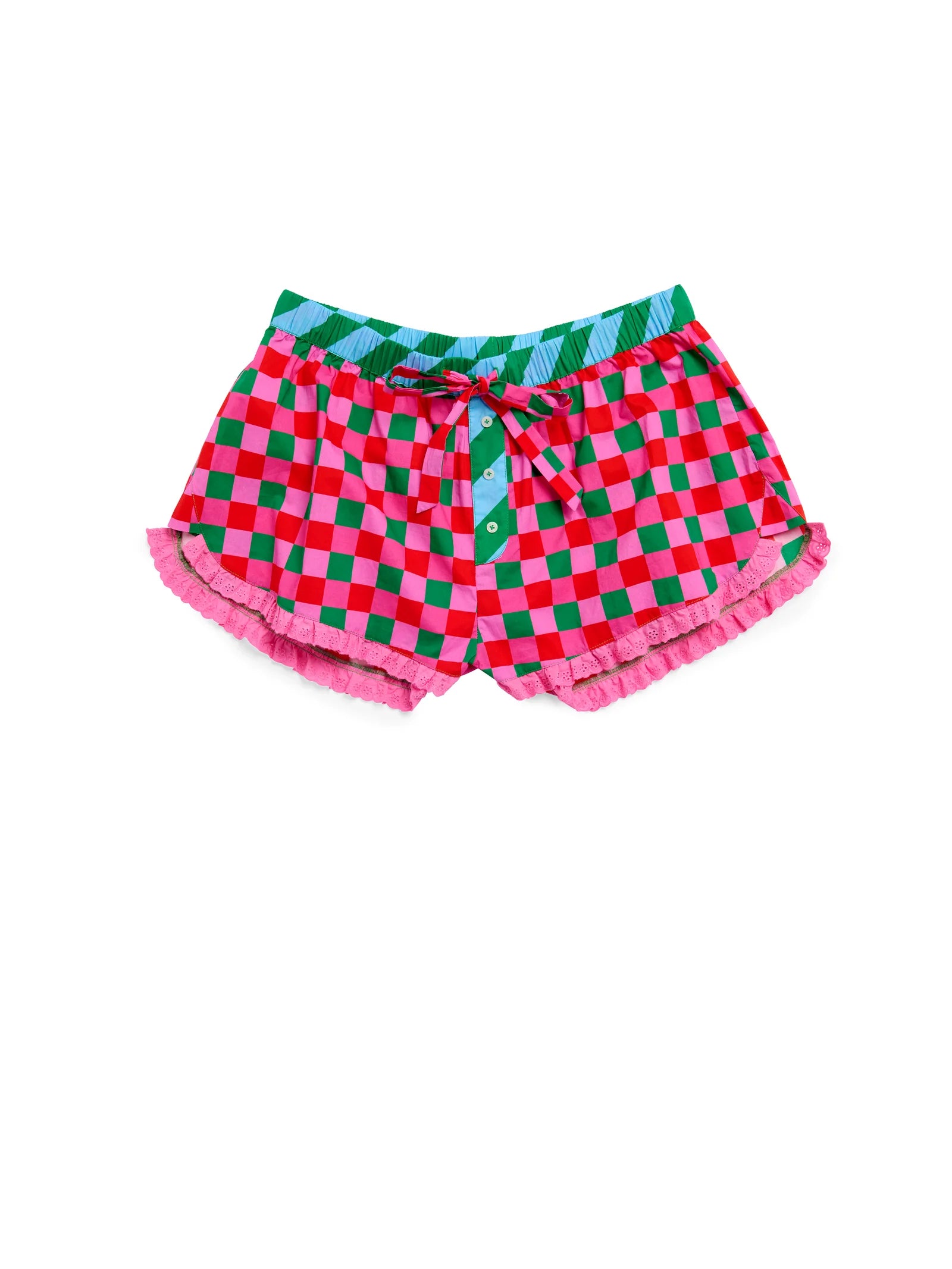 Checkered Boxer Shorts with red pink and green pattern lace trim faux button fly and striped waistband