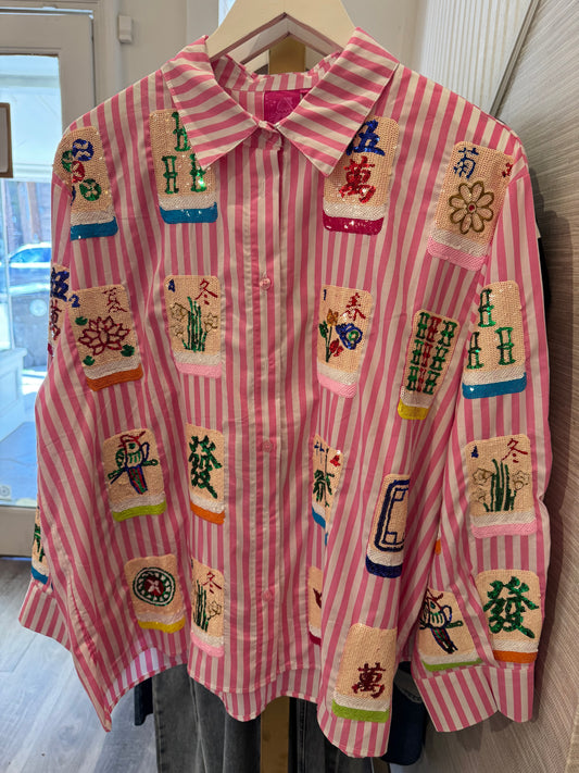Mahjong Cotton Button Down | Pink & White