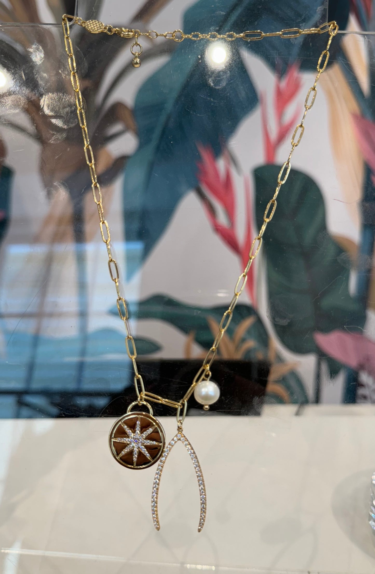 Wishbone, Starburst, Pearl Charm Necklace