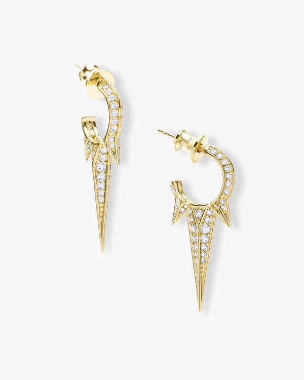 Melinda Maria Gabriella triple spike hoop earrings with 18K gold plating and diamondette spikes. Bold, edgy statement earrings made to shine.