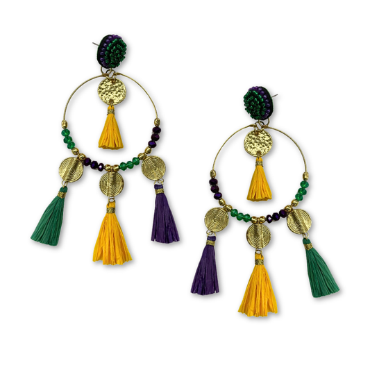 Gold tassel hoop earrings inspired by Mardi Gras celebration