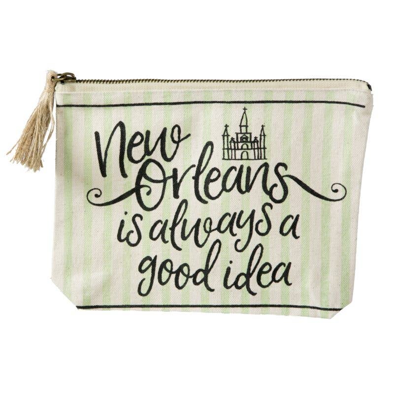 Good Ideas New Orleans pouch with quote green stripes St. Louis Cathedral illustration and brown tassel