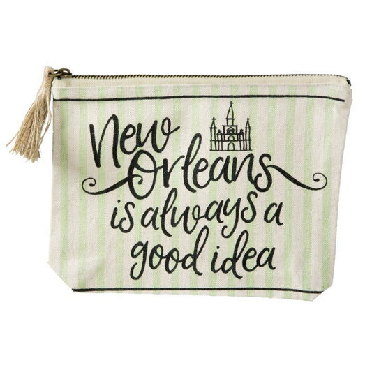 Good Ideas New Orleans pouch with quote green stripes St. Louis Cathedral illustration and brown tassel