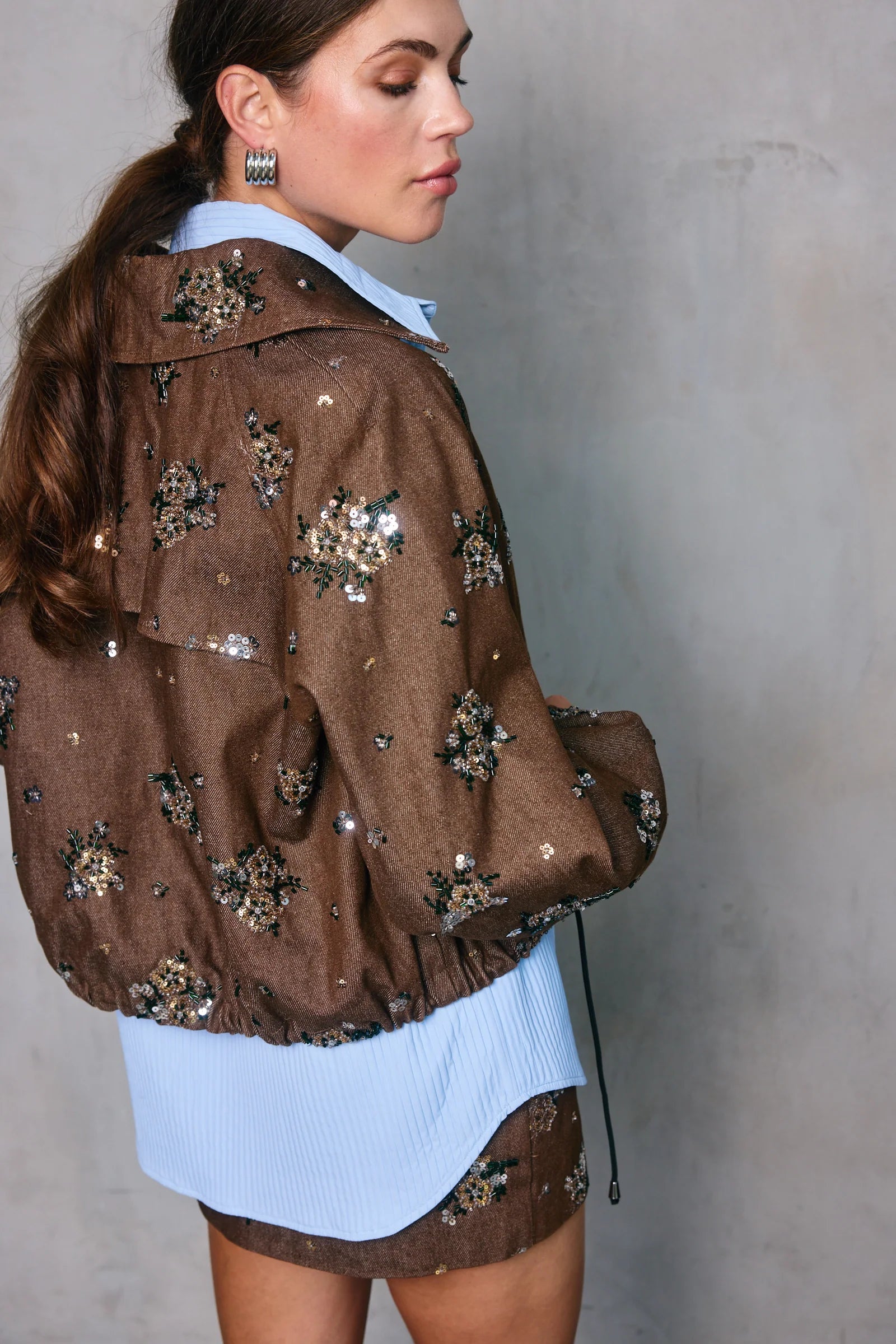 Harriet Jacket in chocolate with glistening sequin floral design