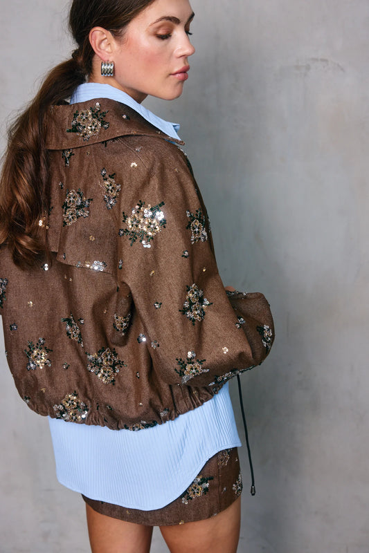 Harriet Jacket in chocolate with glistening sequin floral design