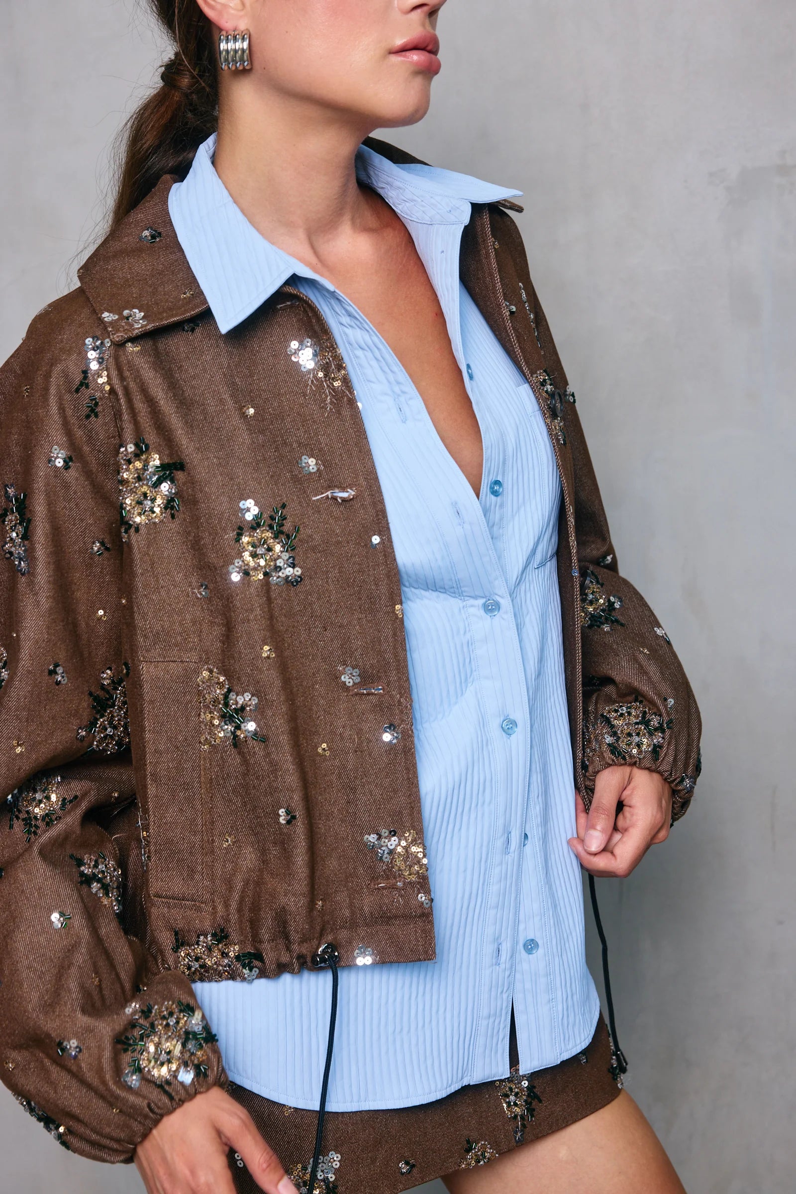 Harriet Jacket in chocolate with glistening sequin floral design