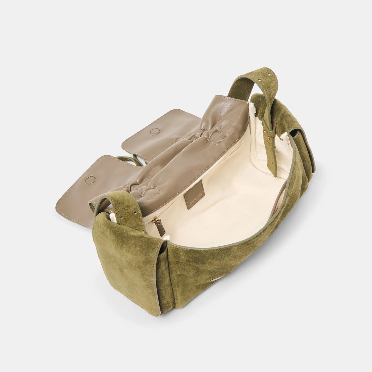 Hudson Shoulder Bag in olive suede with drawstring exterior pockets