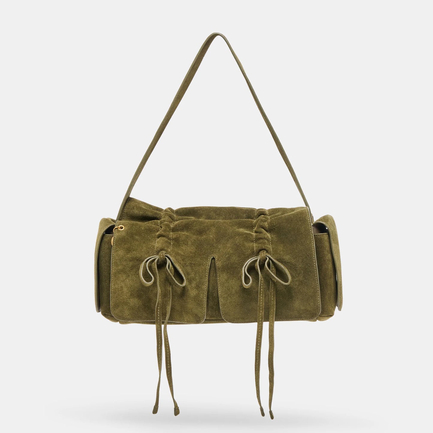 Hudson Shoulder Bag in olive suede with drawstring exterior pockets