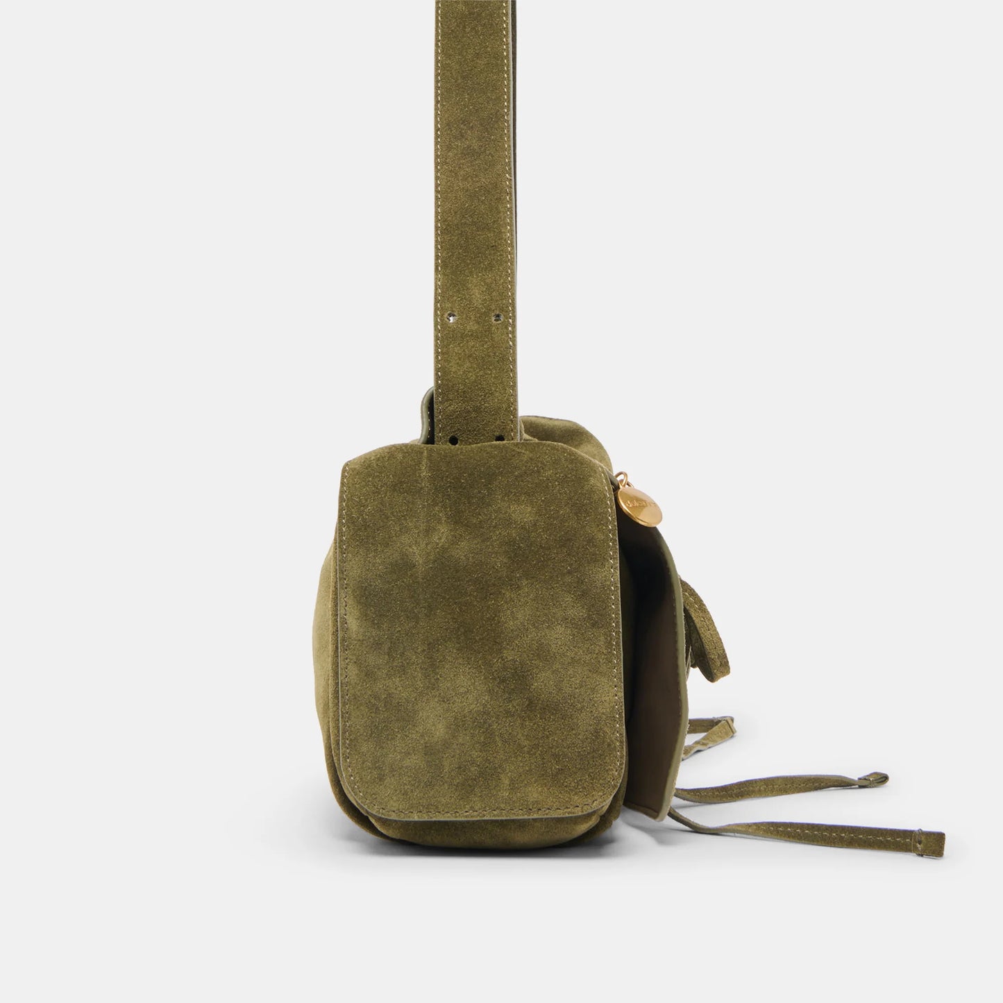 Hudson Shoulder Bag in olive suede with drawstring exterior pockets