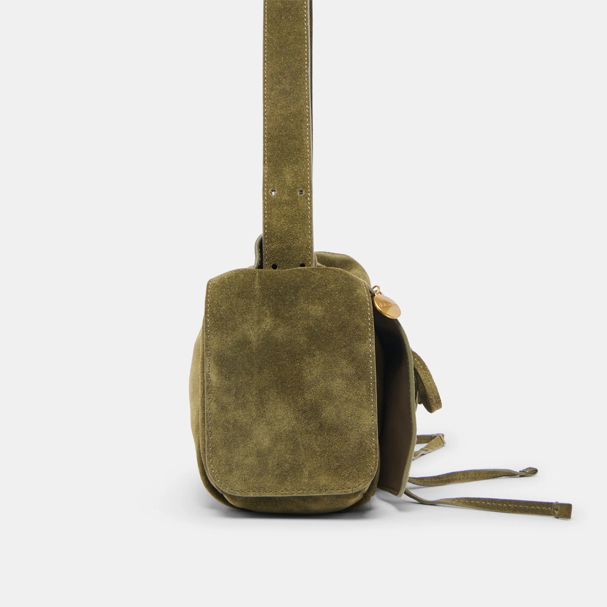 Hudson Shoulder Bag in olive suede with drawstring exterior pockets