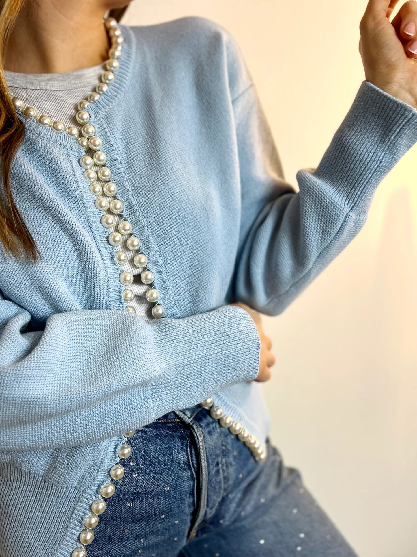 Charlotte Pearl Trim Cardigan | Cornflower Blue