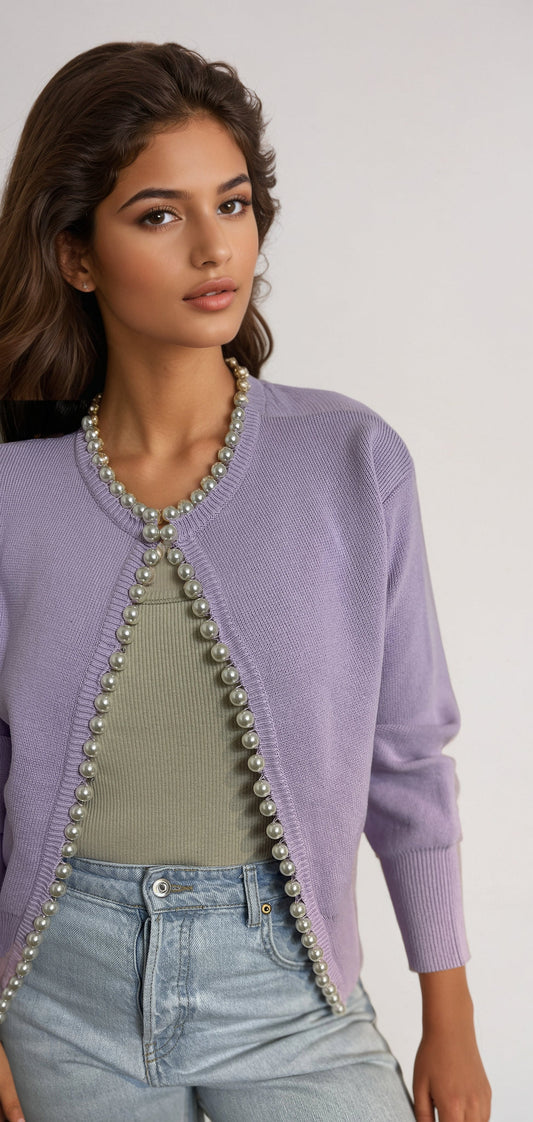 Charlotte Pearl Trim Cardigan | Lilac