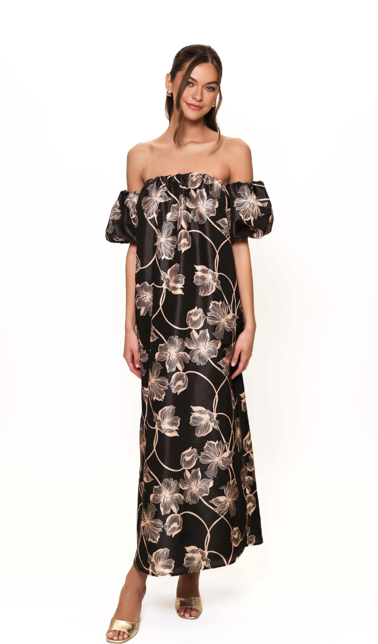 Iris strapless maxi dress with removable off the shoulder bowtie sleeves in shantung fabric