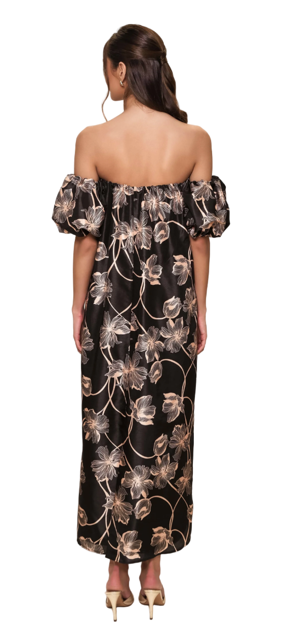 Iris strapless maxi dress with removable off the shoulder bowtie sleeves in shantung fabric