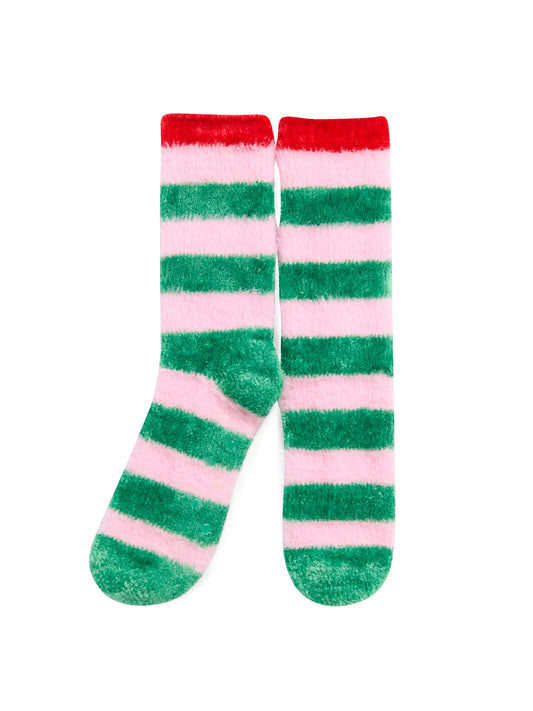 Jolly Socks in festive holiday colors with fuzzy fabric and rubber grip bottoms