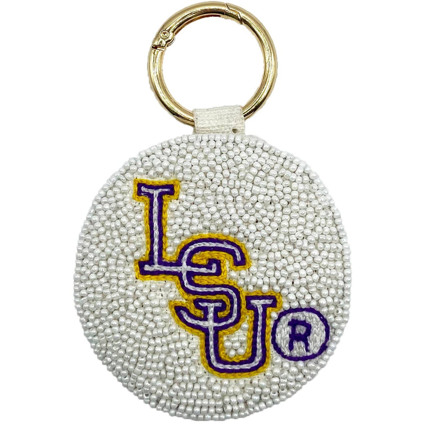 LSU beaded keychain in team colors measuring 3 by 3 inches