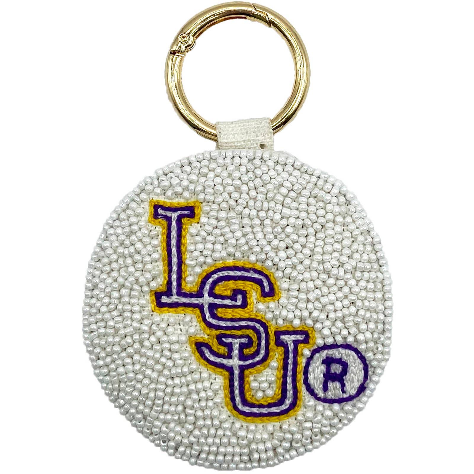 LSU beaded keychain in team colors measuring 3 by 3 inches
