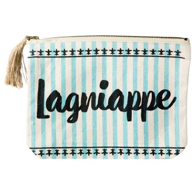 Lagniappe pouch with blue stripes fleur de lis design and brown tassel