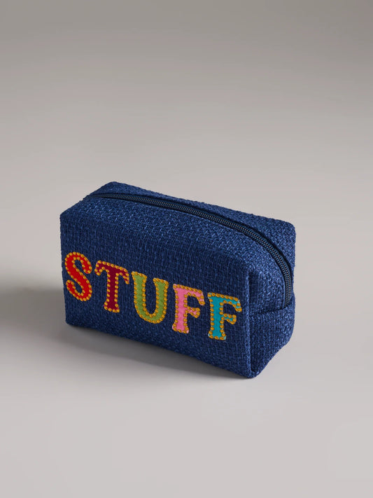 Mara Stuff Zip Pouch with textured woven fabric and colorful embroidered lettering