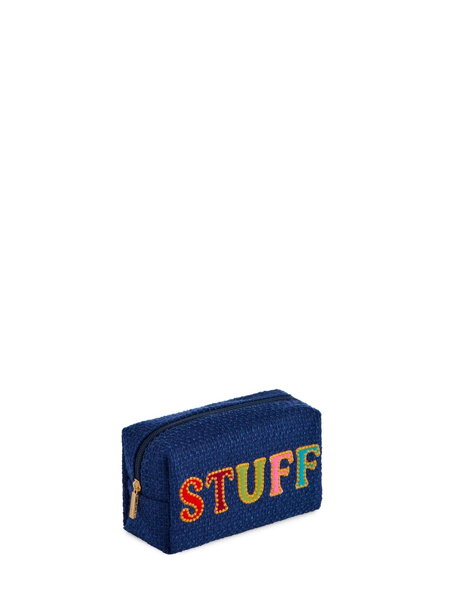 Mara Stuff Zip Pouch with textured woven fabric and colorful embroidered lettering