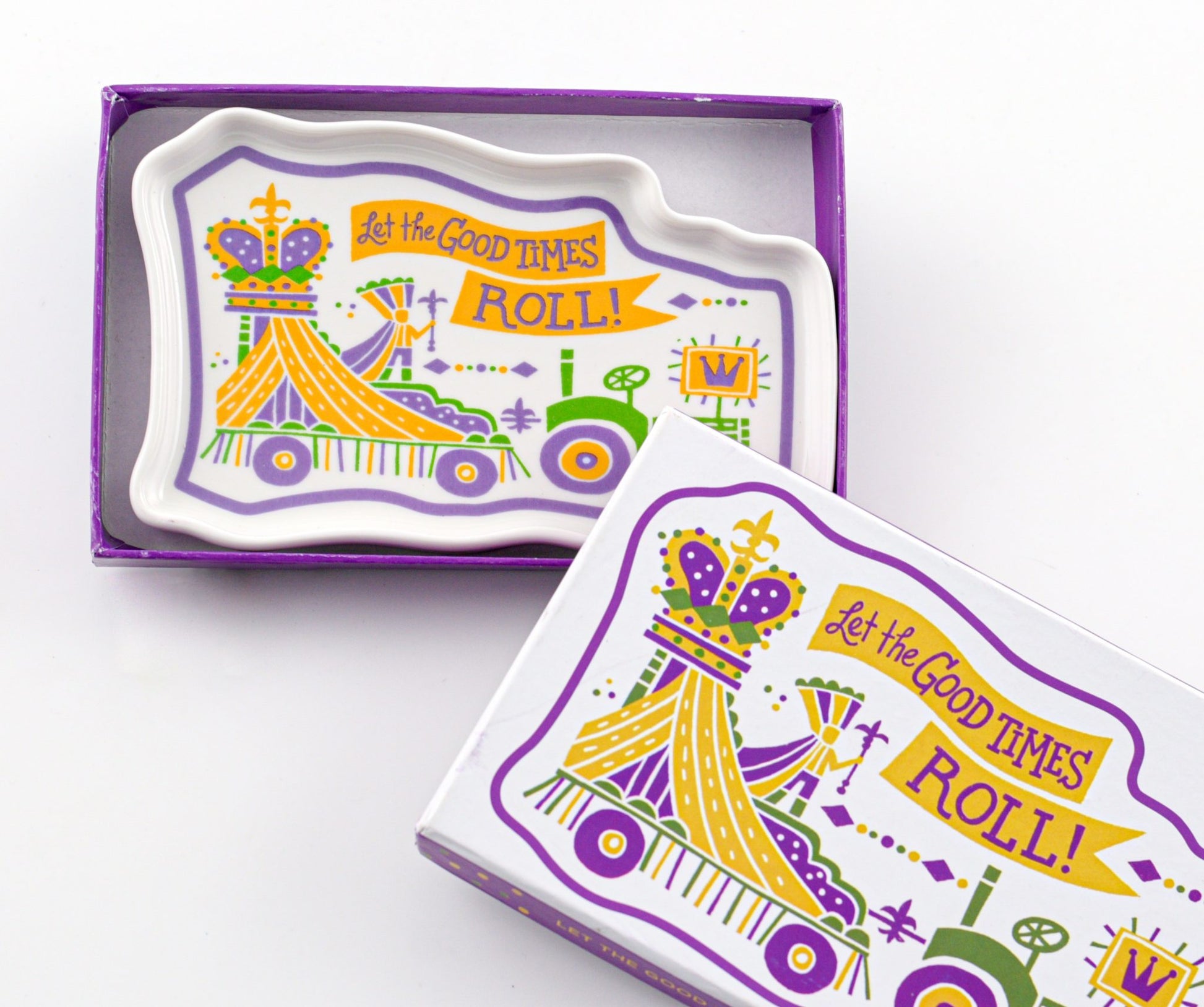 Mardi Gras float shaped trinket tray with Let the Good Times Roll artwork
