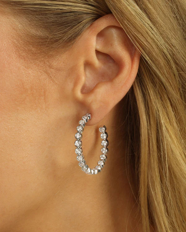 Melinda Maria Baroness 2 inch hoop earrings with bezel set simulated diamonds